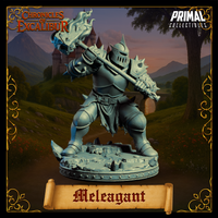 Meleagant front-facing render — heavily armoured knight in full spiked plate gripping a blazing maul across his body in a charging pose, with scattered rubble and stone debris on the sculpted base, Chronicles of Excalibur by Primal Collectibles