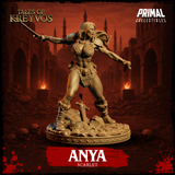 Anya Scarlet barbarian by Primal Collectibles: side-on view emphasising dynamic forward stride, one blade extended and one drawn back, scale-mail and leather armour visible, rubble and broken shield underfoot.