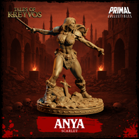 Anya Scarlet barbarian by Primal Collectibles: side-on view emphasising dynamic forward stride, one blade extended and one drawn back, scale-mail and leather armour visible, rubble and broken shield underfoot.