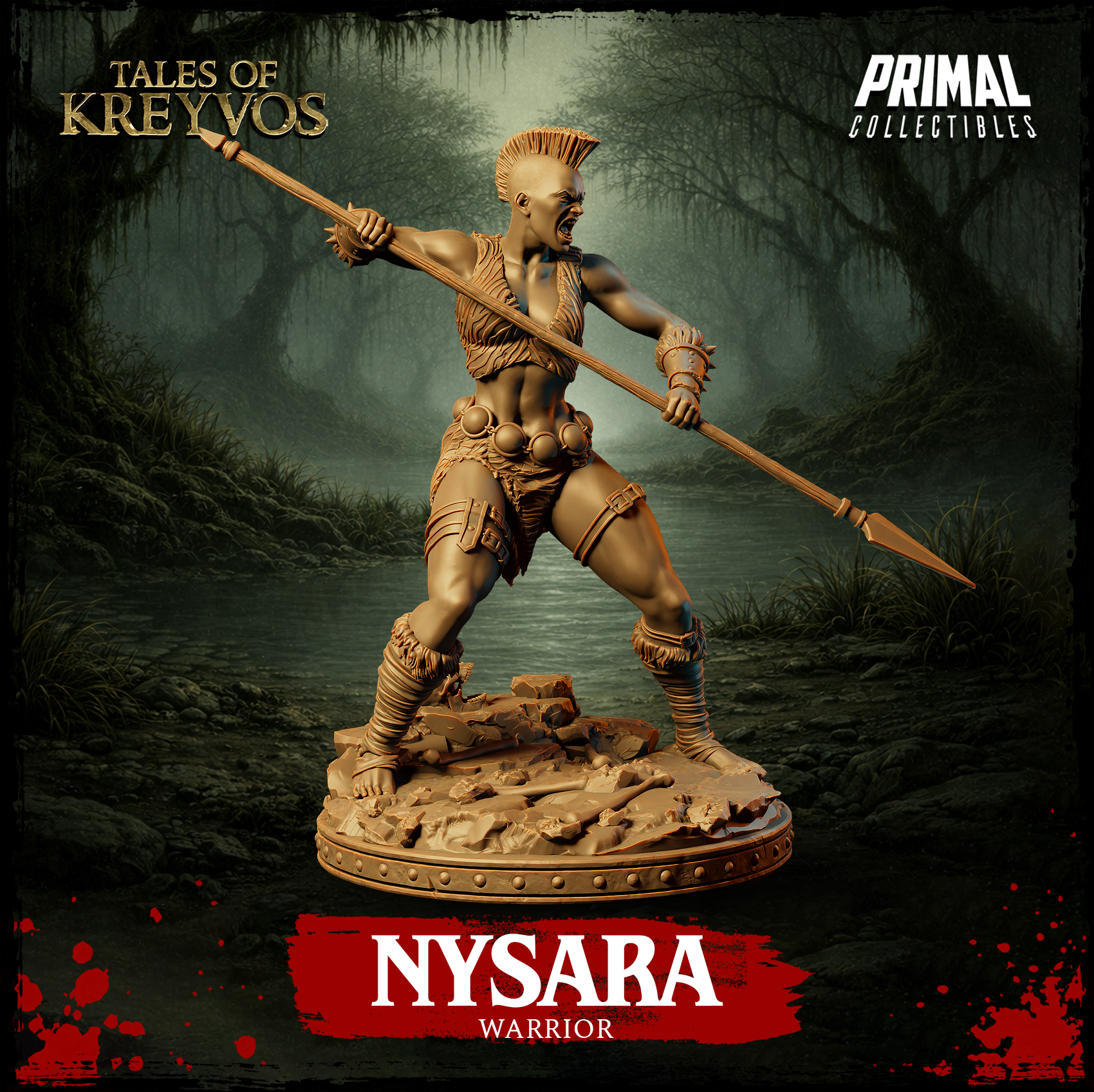32mm resin miniature of Nysara warrior in wide fighting stance holding spear horizontally across her body, both hands gripping the shaft, battlecry expression, detailed rocky base — Tales of Kreyvos by Primal Collectibles, unpainted gold render