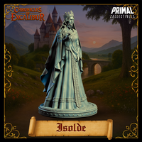 Alternative pose digital render of Isolde miniature — unpainted grey resin, hands clasped at chest in a composed gesture, wearing crown and long gown with decorated panel, on a round decorative base