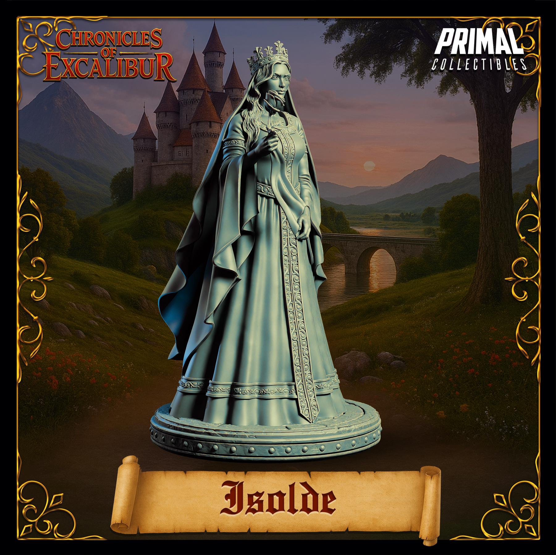 Alternative pose digital render of Isolde miniature — unpainted grey resin, hands clasped at chest in a composed gesture, wearing crown and long gown with decorated panel, on a round decorative base
