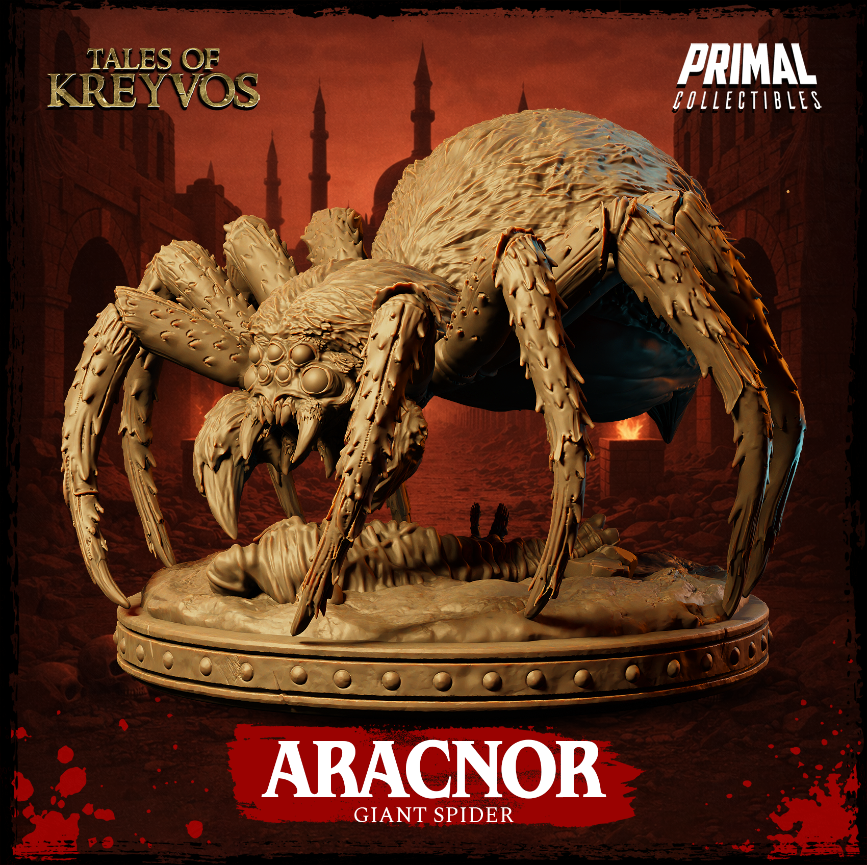 Aracnor giant spider by Primal Collectibles, three-quarter rear angle revealing the full scale of the textured abdomen and the scatter of skulls and debris embedded in the scenic base.