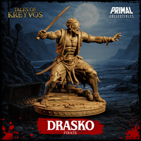 Pirate Drasko miniature viewed from a low angle, cutlass raised overhead, free hand splayed wide, muscular torso partially covered by a worn open vest, eye patch visible on left eye. Rope and skull base detail. Sculpt by Primal Collectibles.