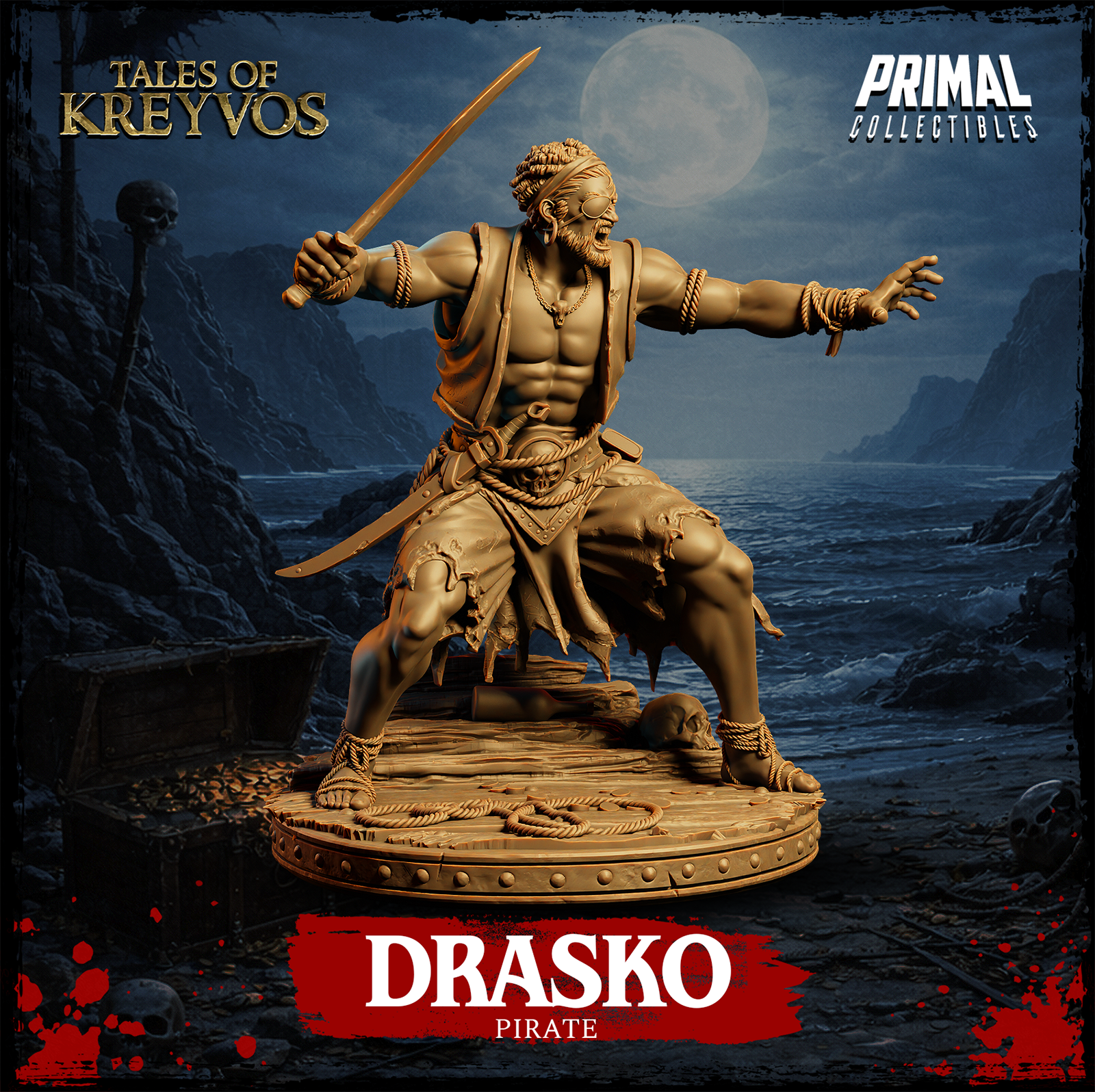 Pirate Drasko miniature viewed from a low angle, cutlass raised overhead, free hand splayed wide, muscular torso partially covered by a worn open vest, eye patch visible on left eye. Rope and skull base detail. Sculpt by Primal Collectibles.