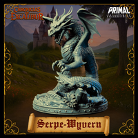 Digital render of the Serpe-Wyvern miniature in unpainted grey resin — three-quarter side view with the creature in a lower, crouching posture, one forelimb raised and claws spread, tail coiled around rocky base scattered with foliage and stone rubble, wings partially extended behind a heavily scaled body