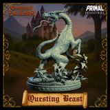 Digital render of the Questing Beast miniature from Chronicles of Excalibur — a dynamic side-facing pose with the long serpentine neck twisted outward and downward, scales and horns clearly defined, the furred body twisting mid-leap above a lush foliage-covered base with flowers and ground cover