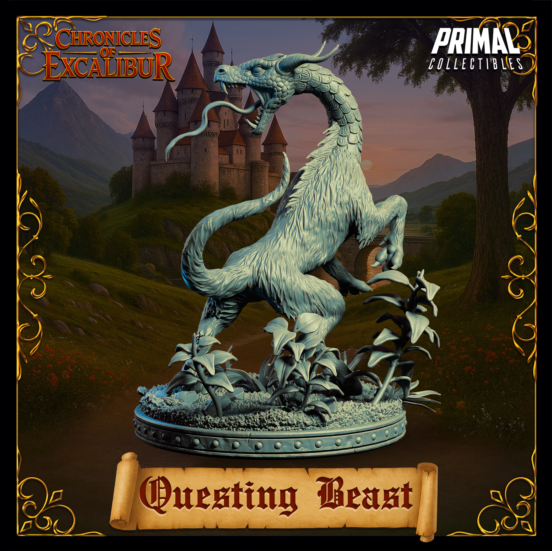 Digital render of the Questing Beast miniature from Chronicles of Excalibur — a dynamic side-facing pose with the long serpentine neck twisted outward and downward, scales and horns clearly defined, the furred body twisting mid-leap above a lush foliage-covered base with flowers and ground cover