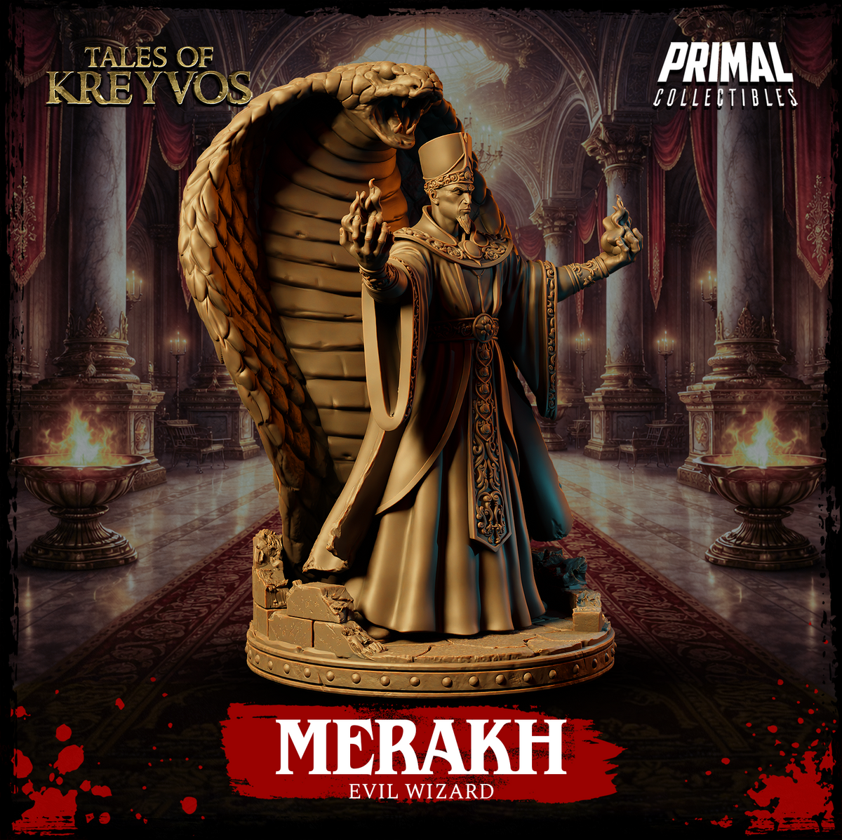 Merakh Evil Wizard by Primal Collectibles — full figure shown with one hand raised and one extended forward in a spellcasting gesture, enormous cobra hood spread wide behind him, heavily draped ceremonial robes with scrollwork trim, rubble-strewn round base.