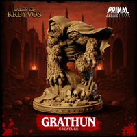 Grathun miniature from the left side, showing the full sweep of the tattered cloak, thick fur-covered arms reaching forward, skulls and broken masonry arranged across the decorative base. By Primal Collectibles.