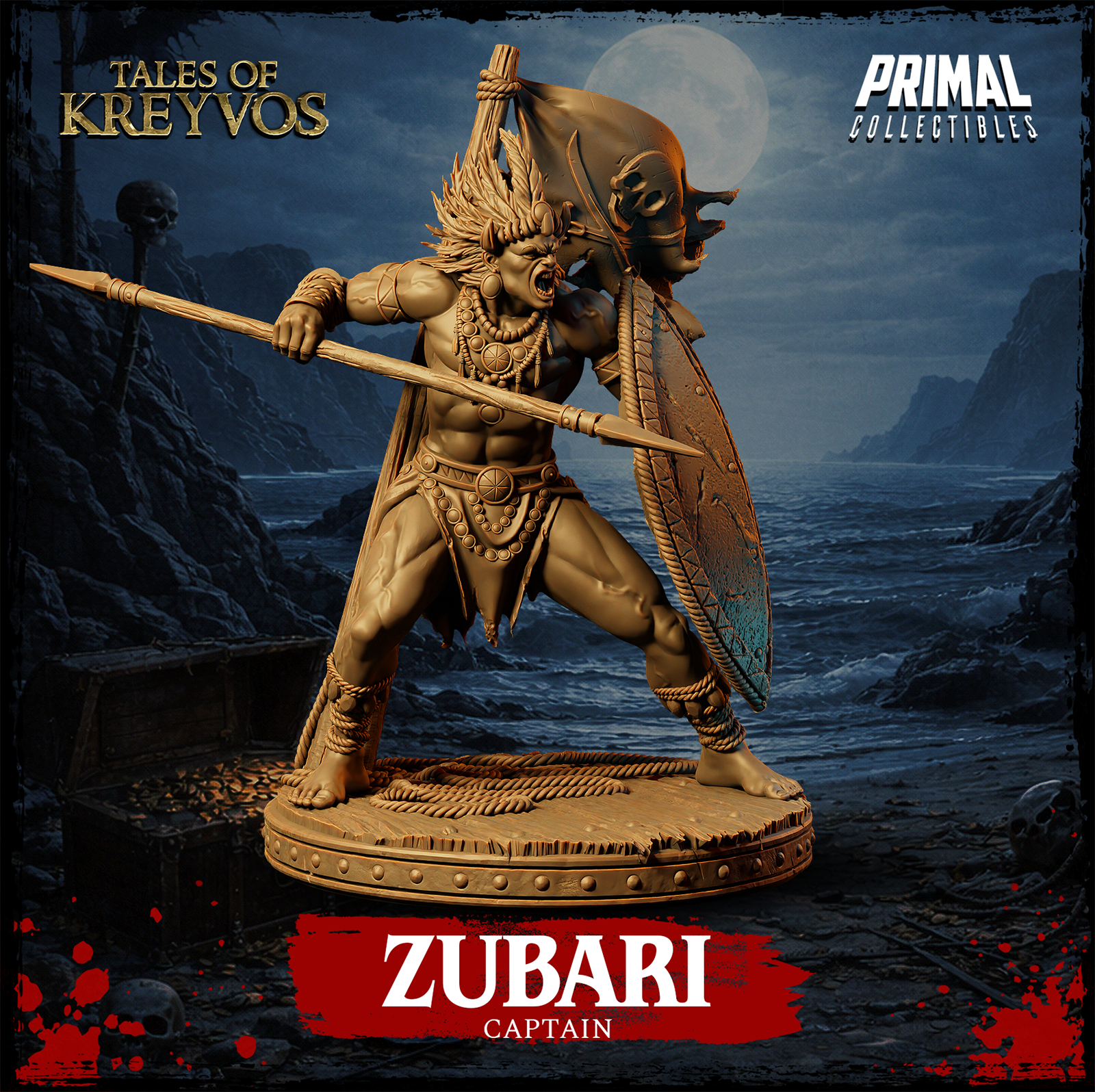 Three-quarter elevated view of the warrior mid-charge, spear extended forward, shield arm braced, feathered headdress fanned wide, jolly roger flag billowing above, intricate rope and bead detailing across torso and shield rim. Sculpt by Primal Collectibles.