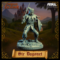 Sir Dagonet 32mm resin miniature — confident wide-legged standing pose, sword held at mid-height, jester shield tucked to side showing full sculpt proportions, smirking face expression clearly visible, grey unprinted resin render, full-length rocky base, Chronicles of Excalibur by Primal Collectibles