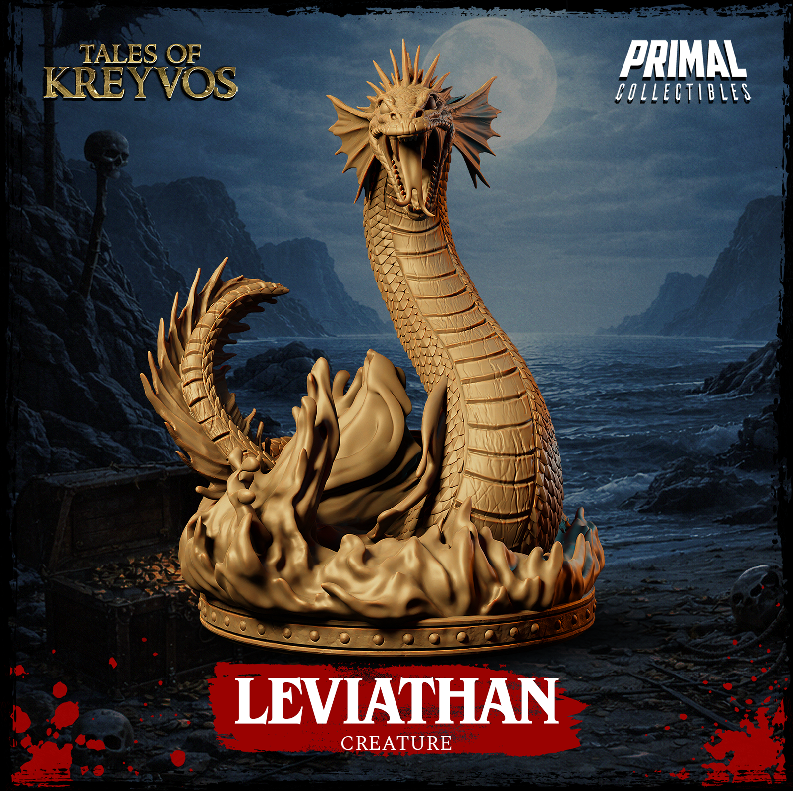 Close view of the Leviathan miniature's upper body showing overlapping scale detail along the neck, fin-like frills, and open-mouthed snarling expression. By Primal Collectibles.