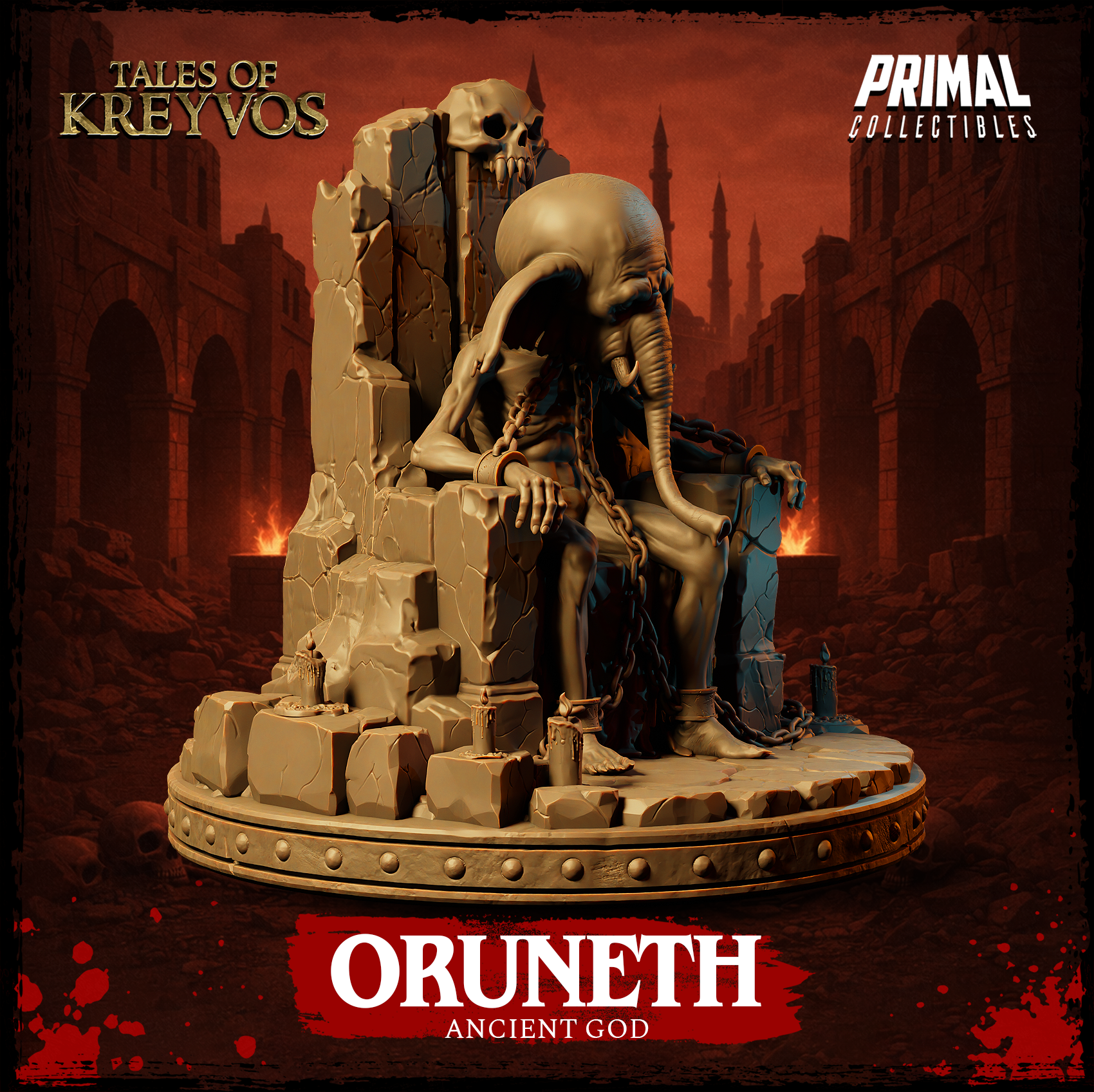 Oruneth Ancient God miniature by Primal Collectibles — low angle emphasising the towering throne structure, chained ankles, and crumbled stonework base with melted candles arranged around the figure's feet.