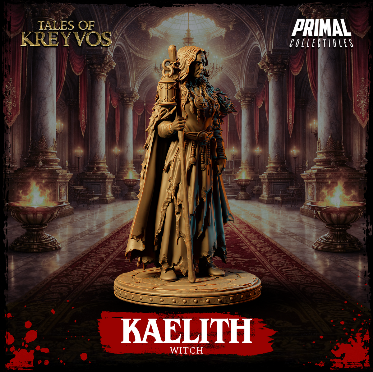 Kaelith the Witch shown from a slightly elevated angle, highlighting the rope-and-hook rigging of the lantern atop her staff and the ragged, layered texture of her worn travelling robes. Sculpt by Primal Collectibles.