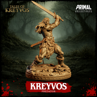 Kreyvos Predator 32mm resin miniature — digital render depicting a long-haired male barbarian in a wide combat lunge, sword extended forward in a battle-cry pose, wearing a fur kilt with a short blade at the hip, on a round base scattered with skulls and bones. Tales of Kreyvos by Primal Collectibles.