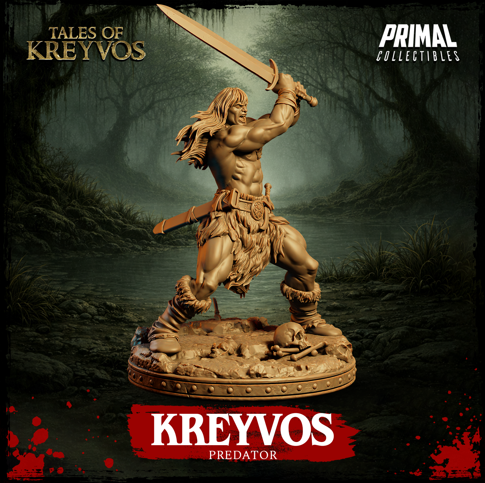 Kreyvos Predator 32mm resin miniature — digital render depicting a long-haired male barbarian in a wide combat lunge, sword extended forward in a battle-cry pose, wearing a fur kilt with a short blade at the hip, on a round base scattered with skulls and bones. Tales of Kreyvos by Primal Collectibles.