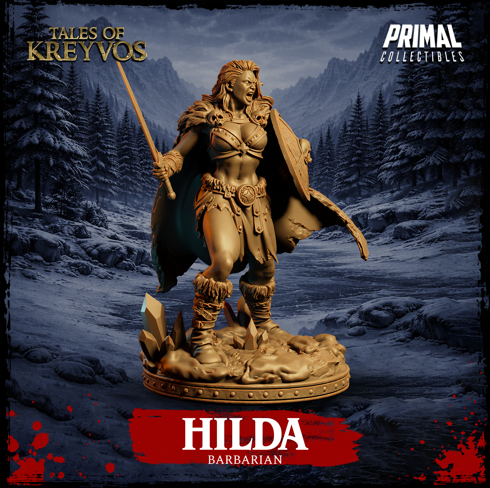 Hilda Barbarian 32mm miniature by Primal Collectibles — spear variant, spear raised aloft, shield held loosely at side, skull trophies on armour, crystal formations and rocky debris at base, standing pose, golden resin render
