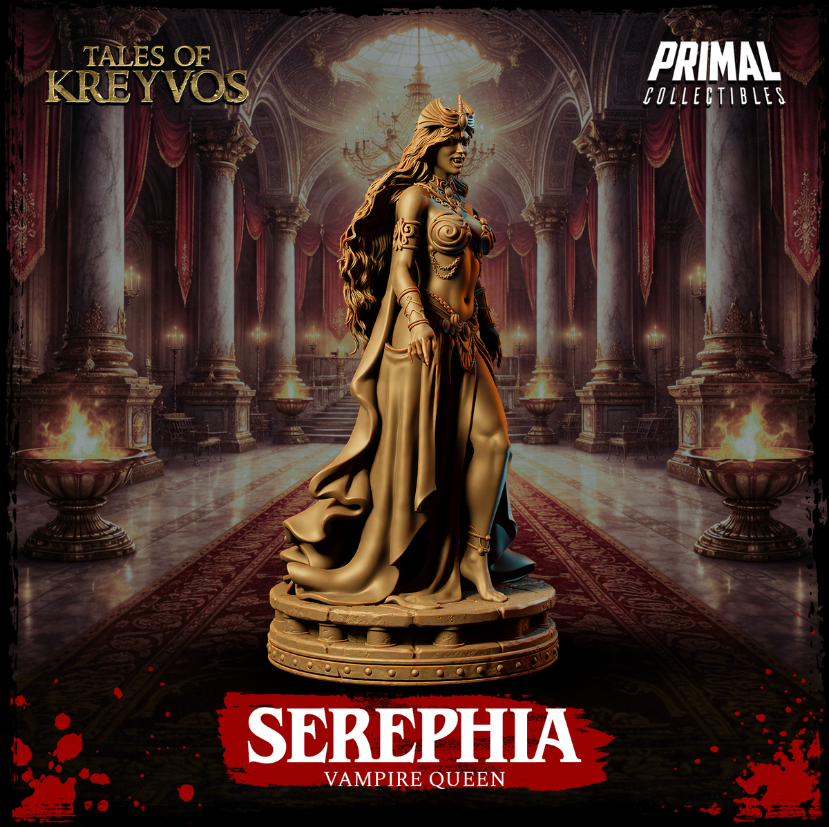 Full-body render of Serephia Vampire Queen by Primal Collectibles — posed facing slightly left, showing the sweep of her long cape, bare feet on a decorative base, layered jewellery and engraved chest armour clearly visible from this angle.