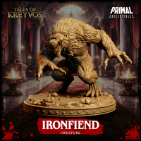 Ironfiend creature miniature in a low crouching lunge pose, showing the full body including heavy haunches, clawed feet, and the detailed rubble-covered circular base beneath. Sculpt by Primal Collectibles.