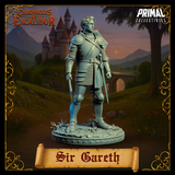 Sir Gareth knight miniature from Chronicles of Excalibur — unpainted grey resin digital render, front-facing relaxed stance with dagger held low in right hand and longsword scabbarded at left hip, wearing plate armour over chainmail with an expressive face and wavy hair, on a rocky grassy scenic base