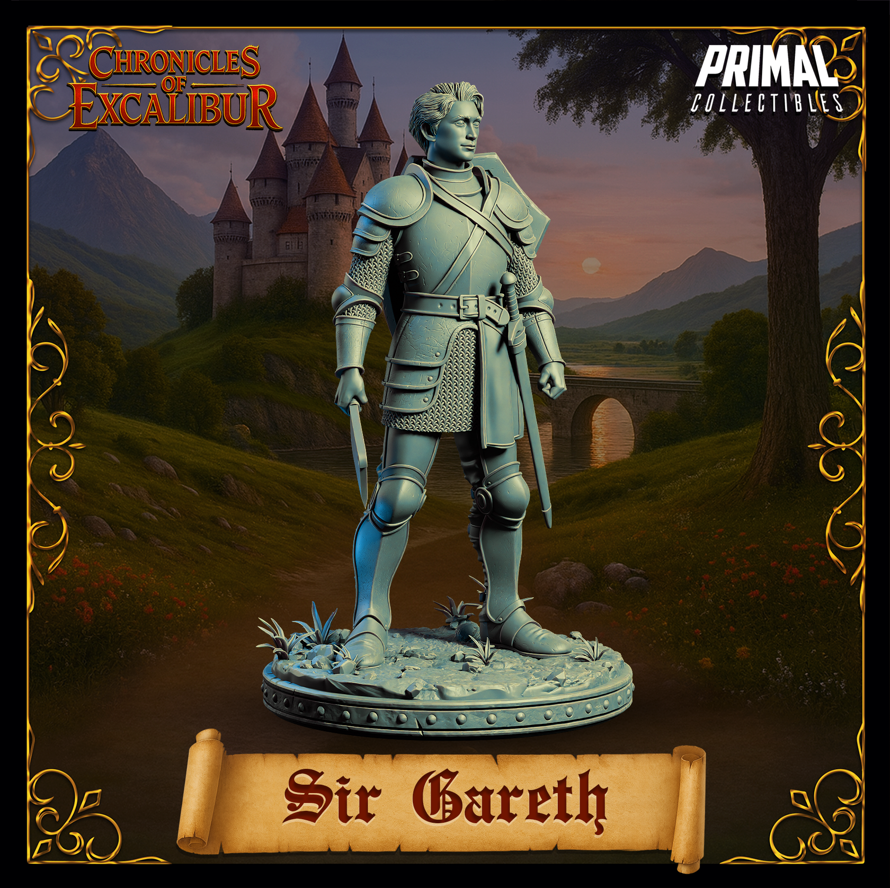Sir Gareth knight miniature from Chronicles of Excalibur — unpainted grey resin digital render, front-facing relaxed stance with dagger held low in right hand and longsword scabbarded at left hip, wearing plate armour over chainmail with an expressive face and wavy hair, on a rocky grassy scenic base