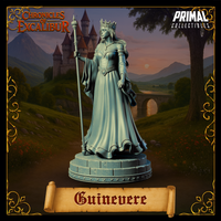 Three-quarter view digital render of the Guinevere miniature — unpainted grey resin queen figure with long flowing hair, crown, ceremonial sceptre, and layered gown with detailed hem work, mounted on a tiered cobblestone circular base, Primal Collectibles branding visible