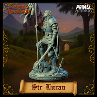Digital render of Sir Lucan knight miniature viewed from a low side angle, showing the full silhouette of the sculpt. The flowing cloak and the tattered pennant on the lance are prominently visible from this angle. His gaze is directed forward with a determined expression. The detailed base — featuring scattered armour fragments, rocky debris, and a fallen helm — is clearly shown. Unpainted grey resin, Chronicles of Excalibur by Primal Collectibles.