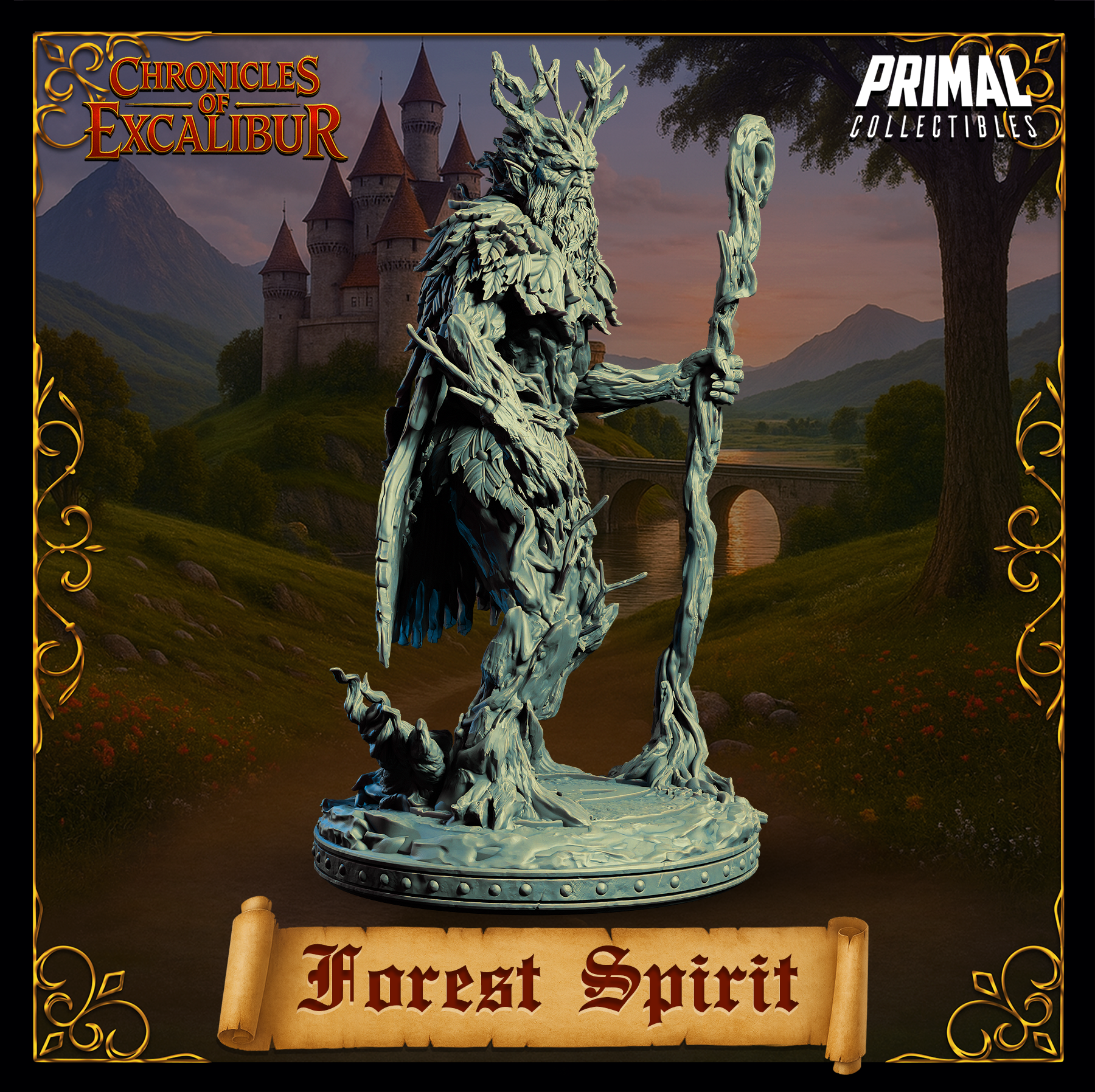 Digital render of the Forest Spirit miniature by Primal Collectibles — three-quarter view from the right side, showing the staff extended outward and the full height of the figure, with the antler branch crown prominent at the top, deep bark and leaf texture across the torso and limbs, and the detailed woodland scenic base visible beneath