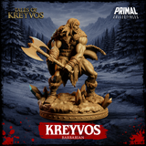 Three-quarter view digital render of Kreyvos the Northman barbarian miniature — powerful upright roar pose, double-headed axe gripped low across the body, long windswept hair, fur shoulder cape, and dynamic crystal-studded tundra base, from the Tales of Kreyvos range by Primal Collectibles