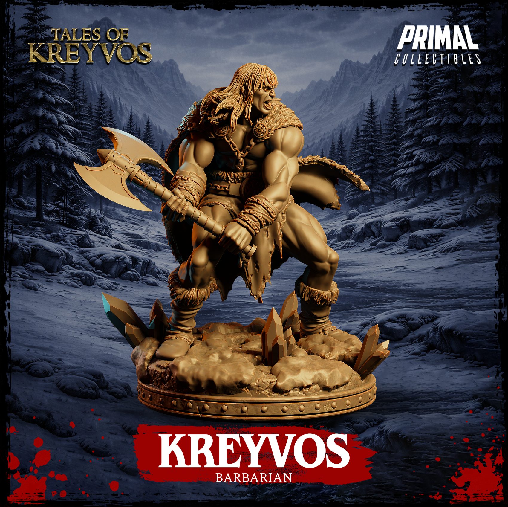 Three-quarter view digital render of Kreyvos the Northman barbarian miniature — powerful upright roar pose, double-headed axe gripped low across the body, long windswept hair, fur shoulder cape, and dynamic crystal-studded tundra base, from the Tales of Kreyvos range by Primal Collectibles