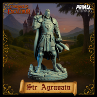 Sir Agravain 32mm miniature — unpainted grey render, front-facing pose with sword pommel raised in right hand and left hand resting on a second blade, broad-chested stance, heart-knot breastplate emblem, long cloak, detailed rubble base. Chronicles of Excalibur by Primal Collectibles.