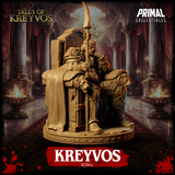 Three-quarter elevated view of Kreyvos on his throne, emphasising the war-spear held upright in his left hand and the detailed engraving across his breastplate and belt medallion. Sculpt by Primal Collectibles.