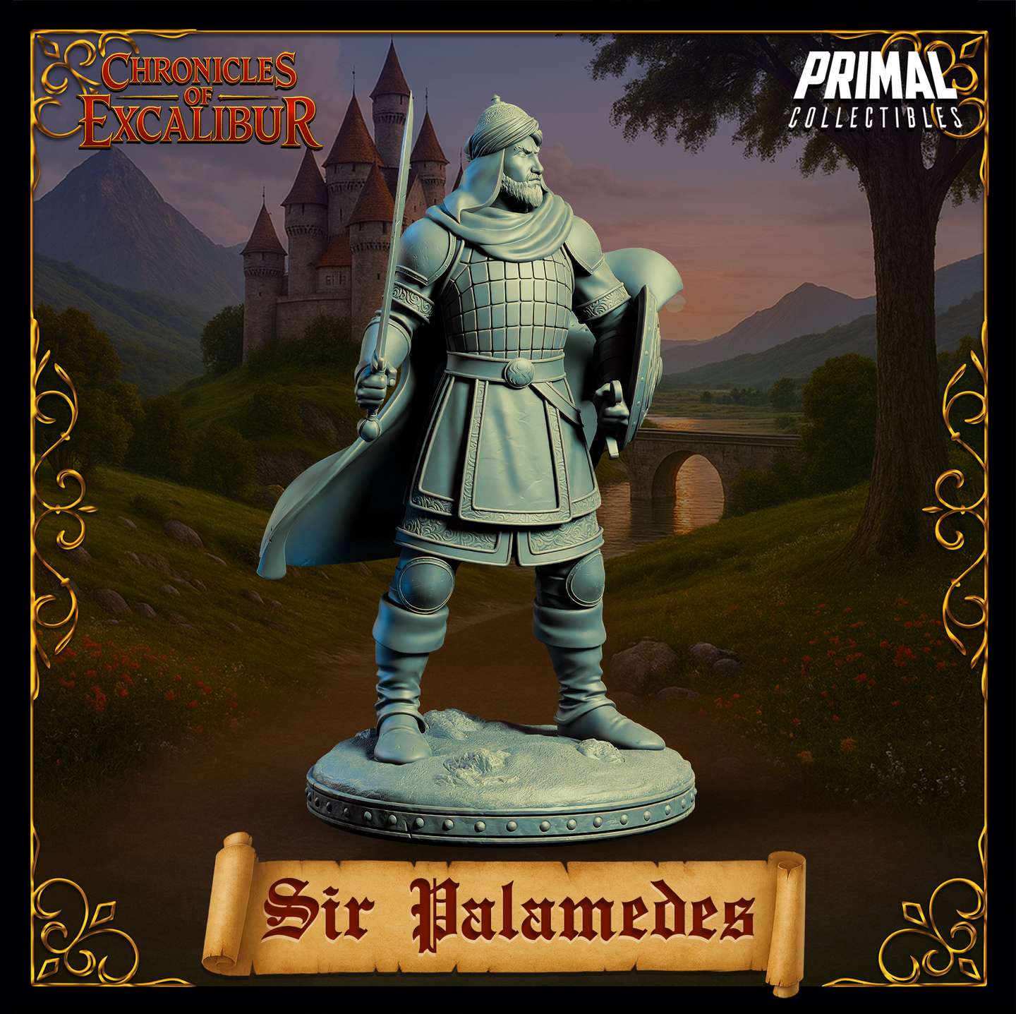 Three-quarter front view digital render of Sir Palamedes unpainted grey resin miniature — standing in a resolute pose with sword lowered and round shield braced, scale armour and flowing cloak visible, on a rocky scenic base. Chronicles of Excalibur by Primal Collectibles.