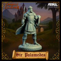 Three-quarter front view digital render of Sir Palamedes unpainted grey resin miniature — standing in a resolute pose with sword lowered and round shield braced, scale armour and flowing cloak visible, on a rocky scenic base. Chronicles of Excalibur by Primal Collectibles.