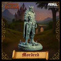 Three-quarter side-angle digital render of the Mordred Evil Knight miniature — unpainted grey, showing the sculpt's profile including the sweeping dark cloak, layered back armour, and the broadsword running the full height of the figure. Base debris and candle details visible from this angle.
