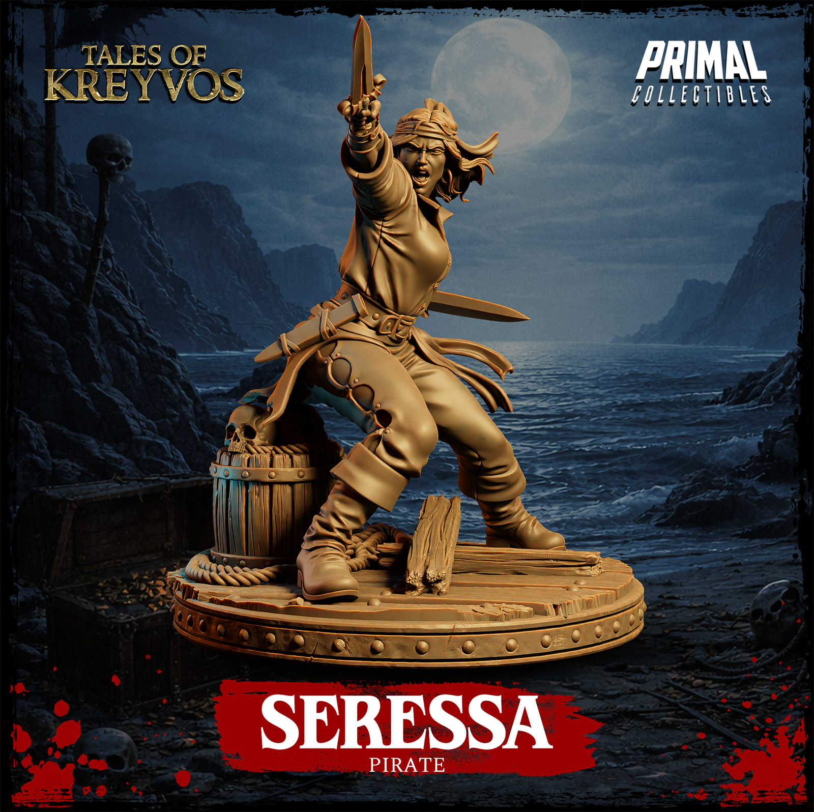 Seressa the pirate sculpt shown from a raised angle, dual daggers visible, bandana and hair swept back, detailed belt and layered clothing, timber and rope scenic base. Primal Collectibles.