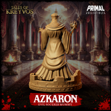Azkaron sorcerer mummy shown from a low angle emphasising the raised clawed hand and skull face beneath the layered crown, intricately carved robe belt and fringe detail visible. Sculpt by Primal Collectibles.