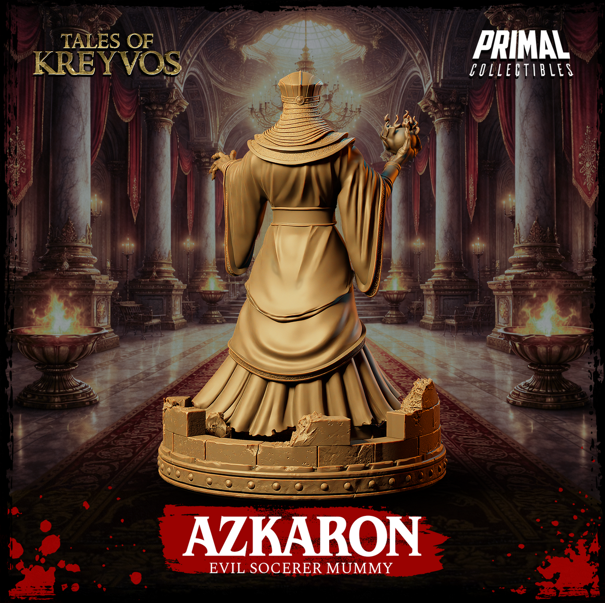 Azkaron sorcerer mummy shown from a low angle emphasising the raised clawed hand and skull face beneath the layered crown, intricately carved robe belt and fringe detail visible. Sculpt by Primal Collectibles.
