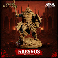 Close detail view of Kreyvos barbarian miniature showing chainmail texture across the torso, skull belt buckle, and the dramatic sweep of the tattered cloak behind the shield. Scenic base with broken stone slabs. Sculpt by Primal Collectibles.