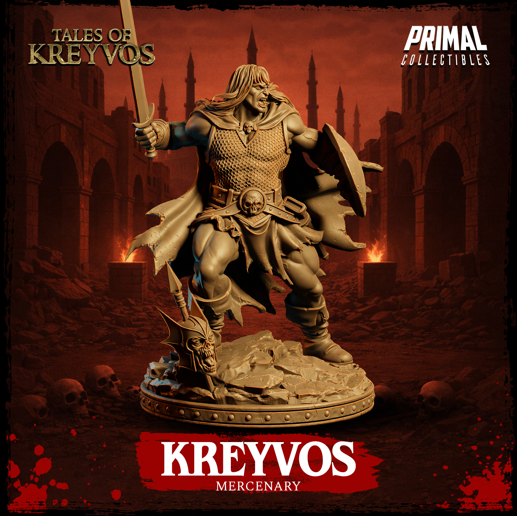 Close detail view of Kreyvos barbarian miniature showing chainmail texture across the torso, skull belt buckle, and the dramatic sweep of the tattered cloak behind the shield. Scenic base with broken stone slabs. Sculpt by Primal Collectibles.