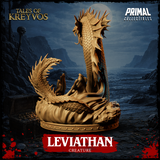 Leviathan sea serpent miniature angled to show the sculpted foam and wave base detail, coiling lower body, and finned tail with claw tucked beside cresting water. By Primal Collectibles.