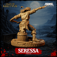 Seressa the pirate in dynamic forward pose, dual blades drawn, open-mouthed expression of fury, battered boots and layered kit, standing on splintered ship decking base. Primal Collectibles.