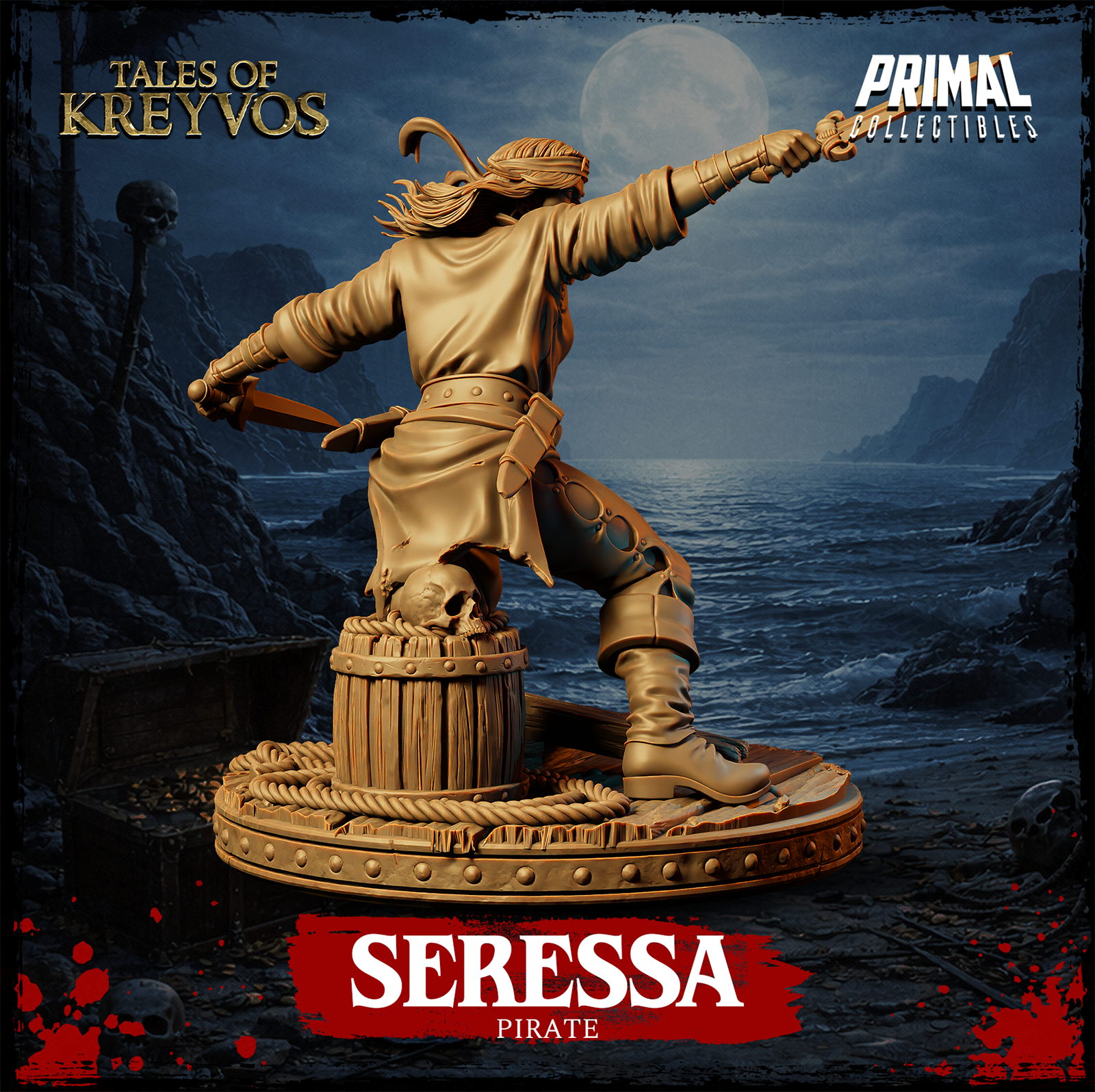 Seressa the pirate in dynamic forward pose, dual blades drawn, open-mouthed expression of fury, battered boots and layered kit, standing on splintered ship decking base. Primal Collectibles.