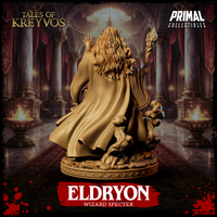 Rear-angle view of Eldryon Wizard Specter by Primal Collectibles showing the sweep of robes, long flowing hair, and the full sculptural detail of the spectral mist base.