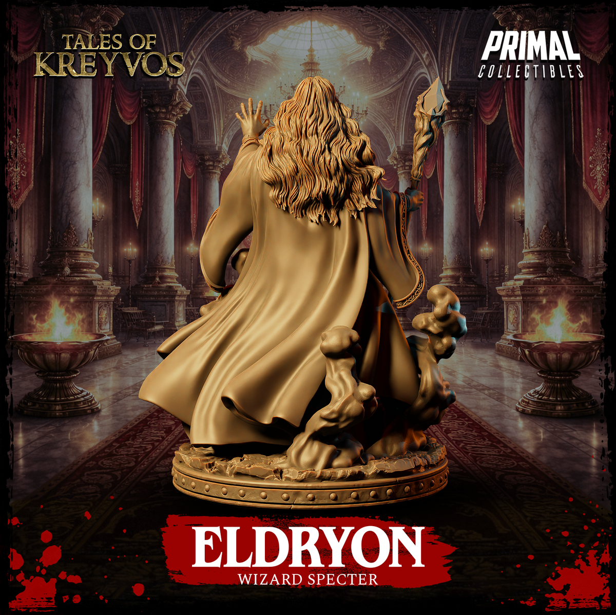 Rear-angle view of Eldryon Wizard Specter by Primal Collectibles showing the sweep of robes, long flowing hair, and the full sculptural detail of the spectral mist base.