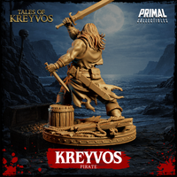 Front-facing render of the Kreyvos pirate miniature with sword raised and dagger drawn, wild hair and snarling face clearly visible, decorative base featuring rope, bones and barrel. Primal Collectibles.