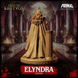 Queen Elyndra miniature with focus on her composed, authoritative expression, long flowing hair, and the ornate jewellery across her chest and neck. Primal Collectibles.