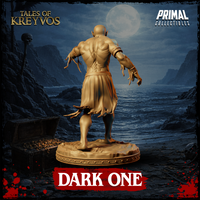 Rear three-quarter view of gaunt demon with both arms low and tense, tattered loincloth trailing behind, bald head turned mid-snarl, textured earth-and-rock scenic base beneath bare feet. Sculpt by Primal Collectibles.