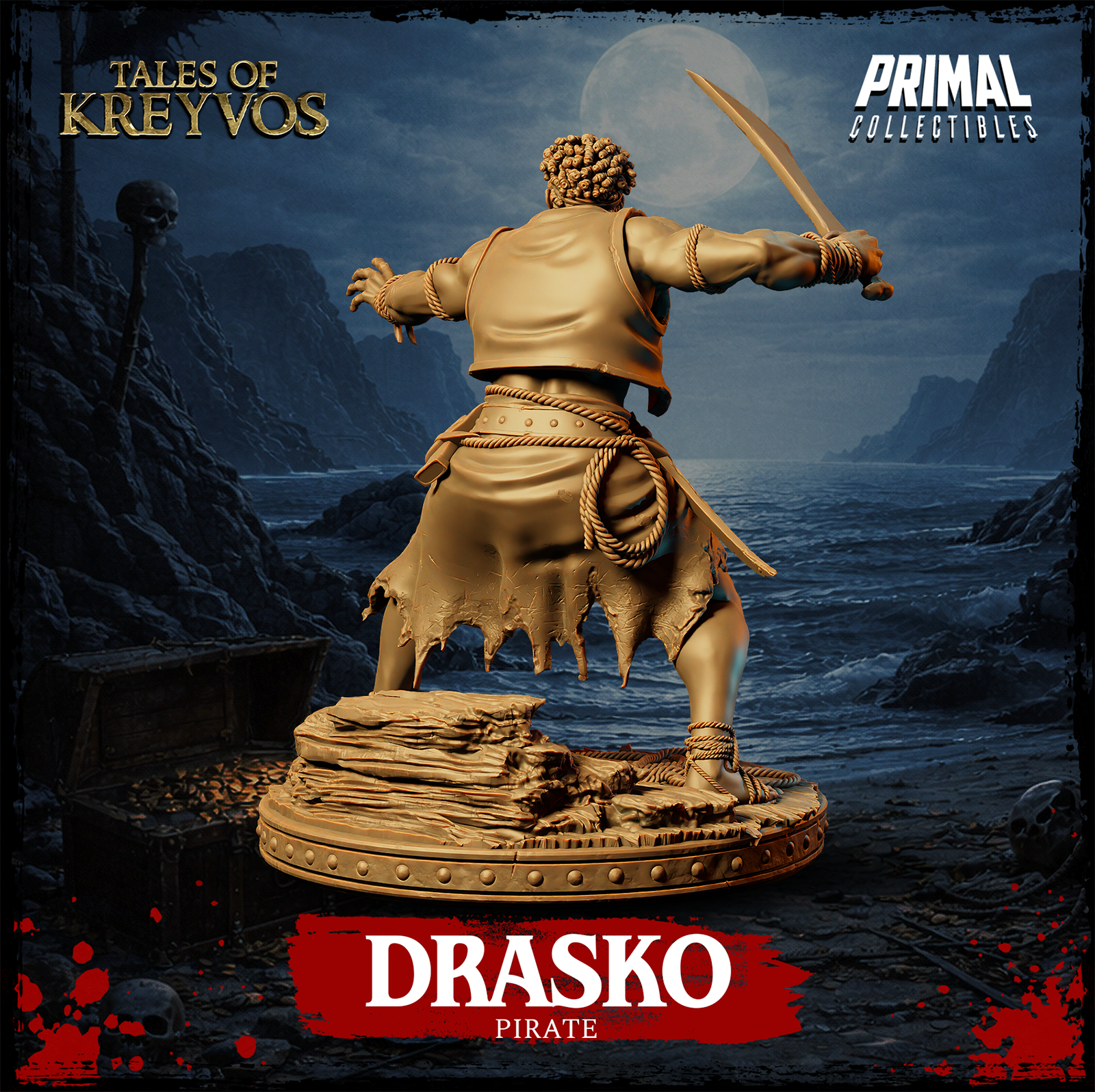 Close detail render of Pirate Drasko miniature showing facial expression — open mouth, clenched teeth, heavy beard, eye patch over right eye, thick neck and prominent jaw. Rope details on wrists and belt. Sculpt by Primal Collectibles.